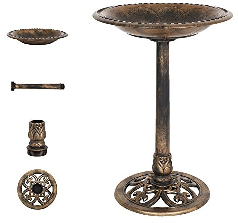 Bonnlo Pedestal Bird Bath Antique Copper Resin Birdbaths Weather Resistant Floral Accents and Vintage Finish Garden Decor for Outdoor Lightweight Courtyard-71cm Tall