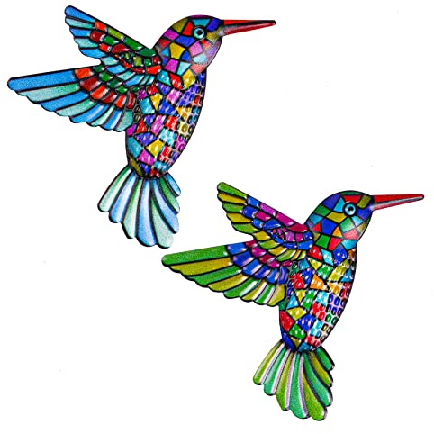 OFFCUP Metal Hummingbird Wall Decor, 2 Pack Metal Hummingbird Wall Art Decor, Wrought Iron Colorful Hummingbird Wall Sculptures, Outdoor Garden Fence Ornaments Hanging for Backyard Porch Patio