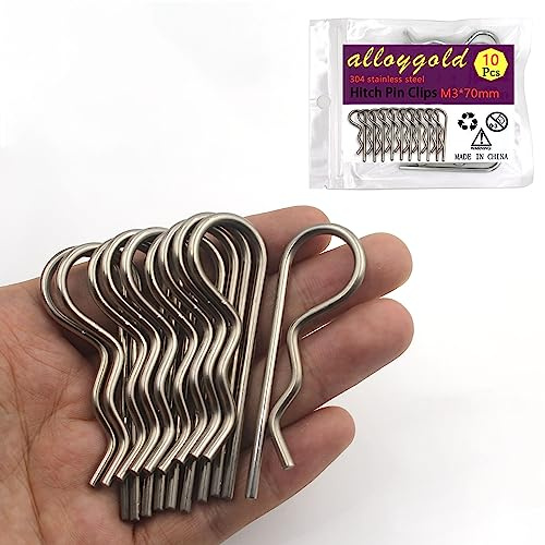 Alloygold 10Pcs Heavy Duty Hitch Pins Clip R Clips Cotter Pins, Stainless Steel Spring Retaining Wire Hair Pins， Large for Trailer Tractors Mower Carts Truck Pin Clip，Strong Spring Tension M3x70mm