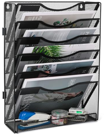 TQVAI Metal 7 Tier Wall File Holder Mesh Wall Mounted Magazine Rack Desk Stationary Tidy Organiser in Tray for Office School Accessories, Black