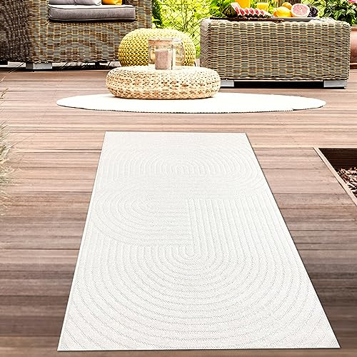 CARPETIA Hochwertiger In- & Outdoor Teppich Balkon Terrasse Garten Läufer wetterfest modern pflegeleicht Creme 80 x 150 cm