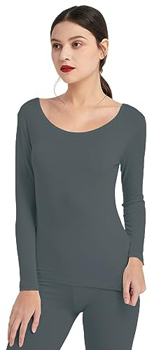 Mcilia Camiseta Interior para Mujer de Capa Térmica Modal de Manga Larga con Cuello Redondo Bajo Gris de Hierro Medium (EU 40 42)
