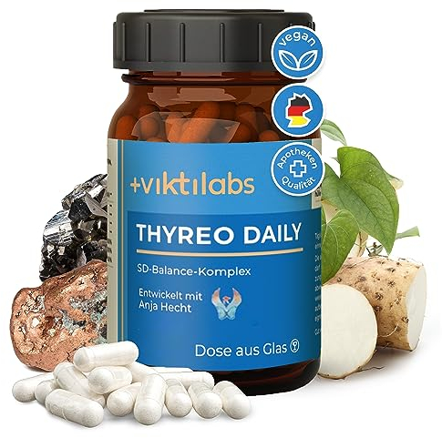 Viktilabs© Thyreo Daily Schilddrüsen Komplex - Mit L-Tyrosin, Eisen, Kupfer & Vitamin A - Hochdosiert - 160 mg L-Tyrosin pro Kapsel | 2-Monats-Vorrat | Entwickelt in Deutschland | Ohne Zusätze