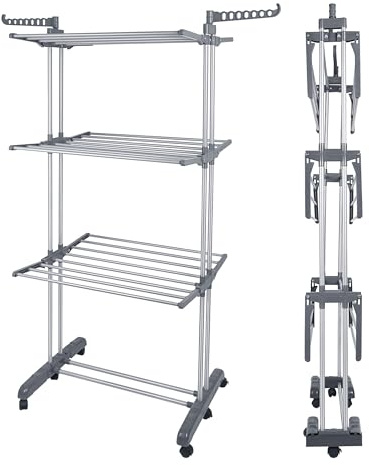 XUANYU Séchoir à Linge sur Pied à 3 Niveaux, Etendoir a Linge sur Pied avec Ailes et Pieds Pliable, Acier Inoxydable et Plastique, Séchoir à Vêtements Intérieur/Extérieur (Gris G, 75×49×170 cm)