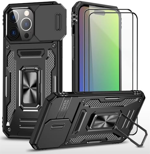 CLYDITE Coque pour Iphone 15 Pro étui avec 2 Verre Trempé Support magnétique Armure Robuste Antichoc Silicone avec Couvercle de caméra Coulissant Bumper-Noir