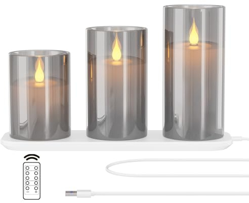 EXTSUD Candele LED, 3 pezzi Candele senza fiamma con Telecomando e Funzione Timer, Stazione Ricarica Inclusa - Candele Decorazioni Natalizie Avvento, Grigio