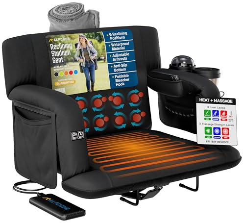 Alpcour Asiento de estadio reclinable con masaje térmico para gradas – Silla ancha con soporte de espalda y cojín, reposabrazos, bolsillos grandes y múltiples características de seguridad – Las