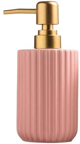 Chic Cylinder-Shaped Soap Dispenser, Vertical Stripe Design with Gold Pump, Ceramic Lotion Dispenser(Pink)