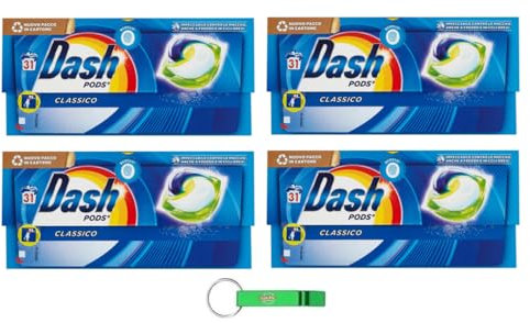 4 x Dash Pods Classico detersivo per lavatrice in capsule, 31 lavaggi, garantisce una pulizia impeccabile contro le macchie + portachiavi Beni Culinari gratuito