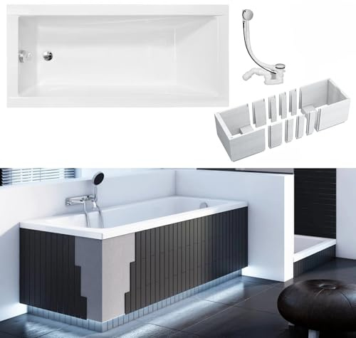 VBChome Badkar 130 x 70 cm, vit, akrylbadhållare, plats för LED-belysning, frigolithållare, sifon, rektangulär design, modern avloppssats i krom