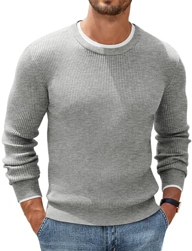 COOFANDY Maglione da Uomo Girocollo Basic a Maniche Lunghe Elegante e Confortevole Maglia a Coste Sottili vestibilità Regolare Uomo Moda Casual Grigiastro L