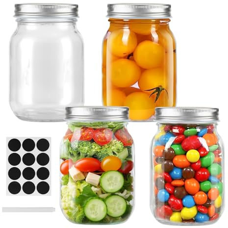 Glass Regular Mouth Mason Jars, 16 oz Clear Glass Jars with Silver Metal Lids for Sealing, Canning Jars for Food Storage, Overnight Oats, Dry Food, Snacks, Candies, DIY, Meal Prep (Silver, 4PACK)