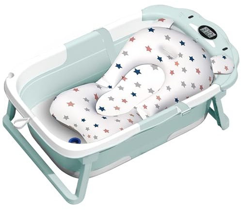 ITMNMNL Faltbare Babybadewanne,Baby Badewanne,Babybadewanne Faltbar mit Thermometer,Baby Bathtub Babywanne mit Sitzmatte,Baby Badewanne,Badewanne Baby (Grün)