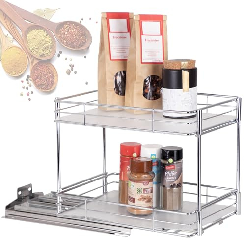 ONVAYA® Gewürzregal ausziehbar | Doppelkorb Groß | Gewürzständer aus Edelstahl | Schrankeinsatz für die Küche | Regal Organizer | Teleskop-Gewürzregal für Schränke und Schubladen
