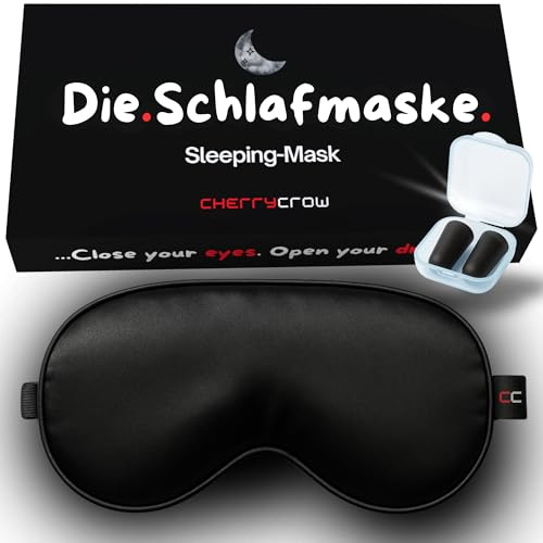 CherryCrow – sovmask | 100 % ventilerande tyg justerbar mjuk ljusogenomsläpplig ögonmask ögonmask med öronproppar set – svart sovmask för personer som sover på sidan kvinnor män barn