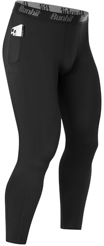 Runhit Men’s Running Leggings with Pockets, Gym Compression Pants Sports Tights, Thermal Base Layer Trousers for Jogging Golf Cycling Black M