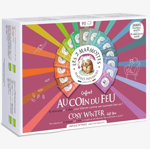 Les 2 Marmottes - Coffret Au Coin du Feu 90 Sachets - 12 Tisanes et 3 Thés - Cocooning, inconditionnels des infusions - Made In France - Sans arômes ajoutés - 153g