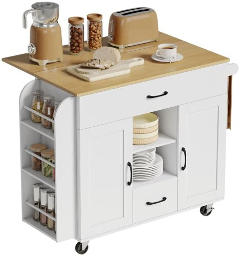 HOMCOM Kücheninsel Küchenwagen auf Rollen mit 2 Schubladen, 2 Soft-Close-Türe, ausklappbare Arbeitsfläche, Servierwagen mit Gewürzregal, Handtuchhalter, verstellbaren Regalen 115x40(70) x89 cm Weiß