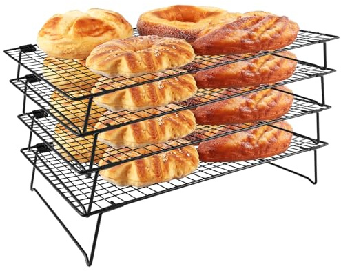 LDHHYH Set med 4 kylgaller 43 x 28 x 8 cm, stapelbara kakgaller av kolstål, kakkylgaller svart för bröd, bakverk och kakor