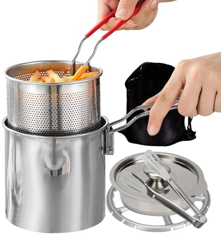 Freidora Pequeña,Juego de 7 Piezas Olla Acero Inoxidable para Encimera | Freidora Mini de 1.2 Litros con Cesta y Tapa - Para Cocina Hogar Camping Picnics Fiestas Cocinar Pollo Pescado