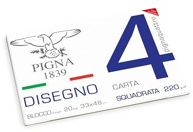 Pigna, Blocco da Disegno con 4 angoli PignaQuattro, Formato 33x48 cm., 20 Fogli da 220 g/m², Perfetto per Disegni e Schizzi, Carta Liscia Squadrata, confezione 1 pezzo