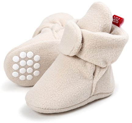 Unisex Newborn Winter Boots Warm Stripe Bootie Baby Fleece Booties Non-Slip Sole Soft Stay On Ajustable Bootie Sock Crib Shoes for Baby Boys Girls (6-12 Months, Khaki)