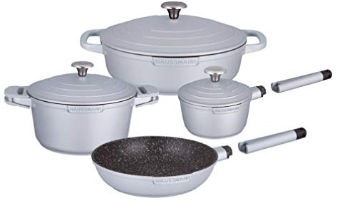 Haussmann Héritage Batterie de Cuisine 9 pièces,Revêtement antiadhésif façon Pierre- sans PFOA- poignée Amovible－Tous Feux Dont Induction adapté au Four (Gris, 9 pièces)