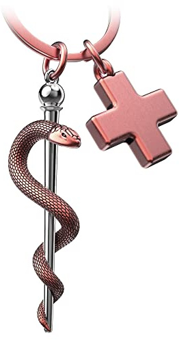 FABACH Portachiavi con bacchetta di scudella e croce medica - Regali per infermiere, regali medici, portachiavi, infermiera, anziano, badante, regalo, medicina, studente, Oro rosa antico, taglia unica