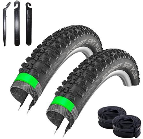 2 x Schwalbe SMART SAM Plus Performance Fahrradreifen DD GreenGuard Pannenschutz E-25 Fahrrad Decke Mantel 42-622 (28 x 1.60) + 2 Schwalbe AV17 Schläuche inkl. Reifenheber