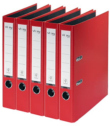 VON Leitz 5er Pack Ordner A4, Karton mit Kunststoffeinband, 50 mm Rückenbreite, Für 350 Blatt, FSC-zertifizierter Karton, Für Schule, Studium & Haushalt, Rot, 10561025