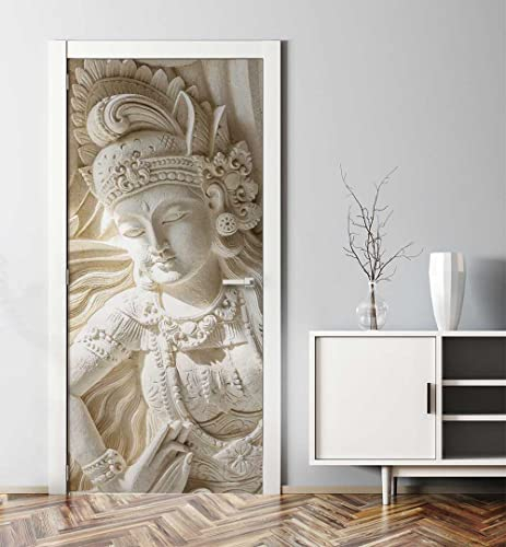 MyMaxxi - Tür bekleben mit Türtapete Türposter Türfolie Selbstklebend 90x200 Buddha Wellen - Tür verschönern Türaufkleber Türklebefolie Buddhismus Stein Wand weiß