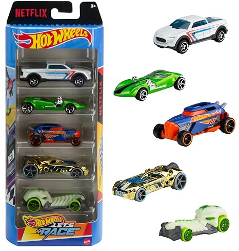 Hot Wheels 1:64 Scale Toy Cars, 5-Pack of Die-Cast Vehicles from the Netflix Series Hot Wheels Let’s Race!, HXM17