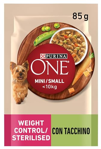 PURINA ONE Small&Mini < 10kg Controllo del peso Cibo Umido per Cani Adulti con Tacchino, Carote e Piselli 26 bustine da 85g