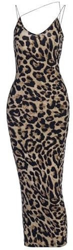 Women's Sexy Leopard/Snake Print Bodycon Dress - Deep V-Neck Asymmetrical Spaghetti Strap Party Club Dress