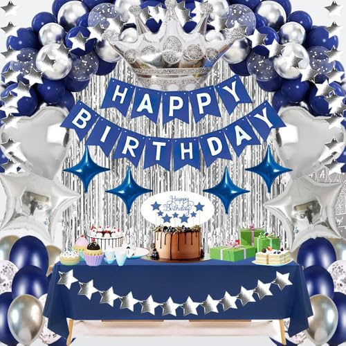 Navy Blue Birthday Party Decorations Set – Blue Theme Supplies with Banner, Star Garland, Crown, Heart & Star Foil Balloons, Fringe Curtain, Cake Topper, Tablecloth, Confetti Balloons for Men & Women