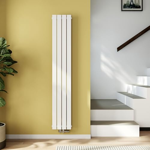 EMKE Radiatore Compatto, 1800x300 mm, Verticale, Stretto e Alto per il Bagno, Radiatore a Parete con Pannello Piatto, Collegamento Centrale, Design Elegante, 627 Watt, Bianco