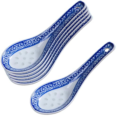 INHEMING 6 Stück Ramenlöffel aus Keramik,Porzellanlöffel Chinesische Suppenlöffel Keramikl Löffel,Blaue und Weiße Suppenlöffel aus Keramik