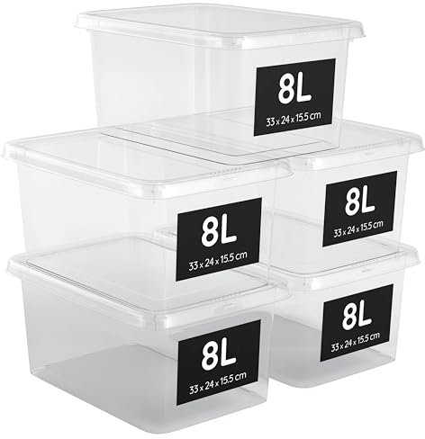 AHIOVA 5 Cajas Almacenaje Plastico Pequeñas 8L 33x24x15,5cm con Tapa, Cajas Organizadoras Apilables y 100% Transparentes. Caja Almacenaje de Click a Presión. Libre de BPA (8 Litros)