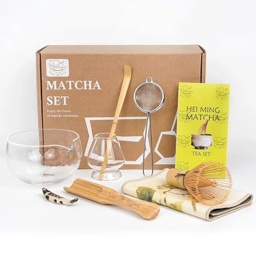 HEI MING Set di Tè Matcha ha 8 Pezzi, kit di tè Matcha Cerimoniale, Ciotola Matcha in Vetro e Matcha Whisk Fatte a Mano QM2405