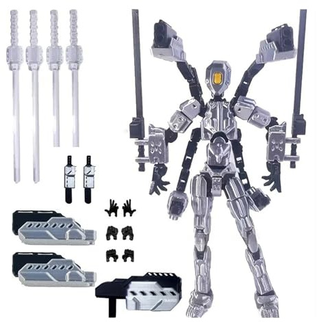 HshDUti T13 Action Figure Set (Assembly Completed), 3D Printed Multi-Jointed Movable Titan13 Lucky Dummy 13 Mobile Robot, Nova 13 Action Figures Desktop Decorations for Game Lovers Toy Silver