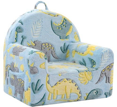 MeMoreCool Kids Sofa Couch, Glow in The Dark Soft Plush Toddler Armchair for Boys Girls Age 1-3, Comfy Baby Chair for Reading, Playroom, Bedroom Décor, Blue Dinosaur