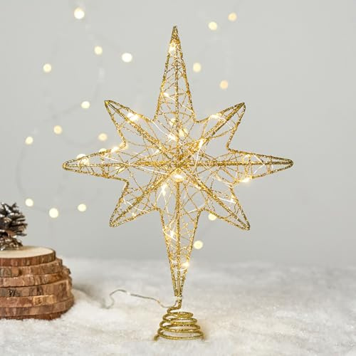 Julgransspetsstjärna, 35 cm guldstjärna, julgransspets och granmärke för julgran och julgran till jul, julstjärna, trädkrona för juldekorationer, nordstjärna