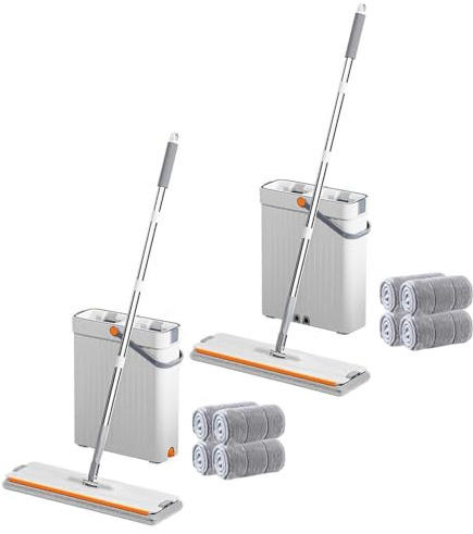 Juego De Trapeador Y Balde - Limpiador De Pisos Planos En Seco Y Húmedo Con Escurridor | De Limpieza Del Hogar Manos Libres | Kit De Almohadillas De Microfibra | Herramienta De Trapeador De Al