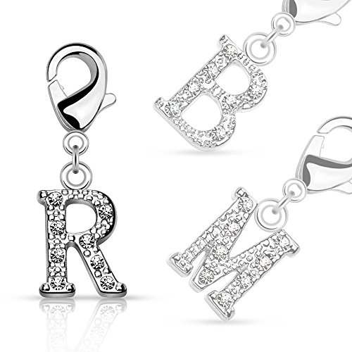 Bungsa F - Silberner Buchstaben Kristall Charm Anhänger für Bettelarmband Ohrring Halskette Zirkonia Damen Herren Kinder (Kettenanhänger Pendant Beads A B C D E F G H I J K L M N O P R S T U V W Z)
