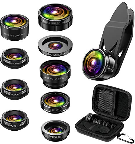 Phone Camera Lens, 9 in 1 Lens Kit, Zoom Lens, 0.36X Wide Angle Lens, 0.63X Wide Lens, 15X Macro Lens, 20X Macro Lens, Fisheye Lens, CPL and Starburst Lens Telephoto Lens for Smartphone