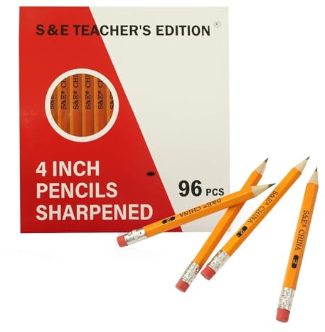 S & E TEACHER'S EDITION 96Pcs Half Pencils with Eraser Tops, Golf Pencil, Classroom, Pew - # 2 HB Pre-Sharpened Hexagon, Back to school, 96 Count Bulk Pack
