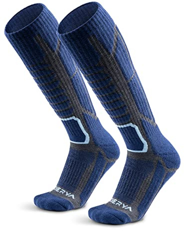 WEIERYA Merino Wool Ski Socks for Snowboarding & Outdoor Sports - Thermal Socks Pack of 2, Retro Blue (9-12)