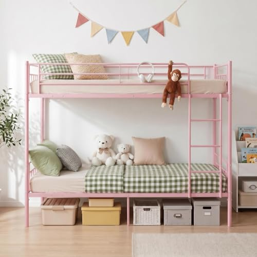 Panana Double Bed Kids Bunk Beds 3FT Single Bed Children Metal Bed Frame With Stairs (Pink)