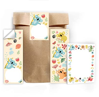 12 Lesezeichen + 12 Mini-Notizblöcke + 12 Geschenktüten (Natur) + 12 Aufkleber Koala Mitgebsel Gastgeschenk beim Kindergeburtstag Mädchen Jungen
