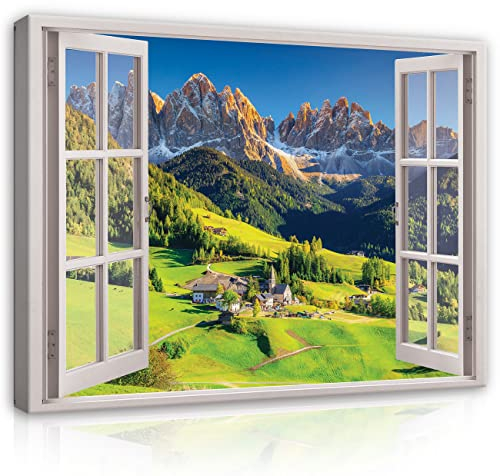 WallArena - Leinwand Bilder - Fensterbilck Berge Alpen Natur Landschaft - 80x60 cm Leinwandbilder Bild auf leinwand Wandbild XXL groß Wandbilder für Wohnzimmer Schlafzimmer Wohnzimmerbilder Modern